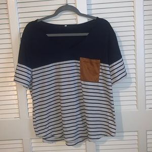 Navy and White Striped Top with Accent Pocket